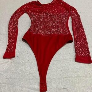 Ever B. Red leotard/bodysuit with silver rhinestones women Small. SKU726